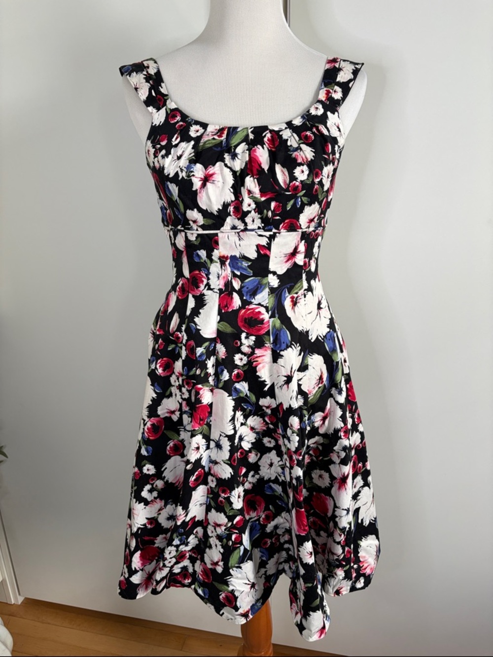 White House Black Market Black Floral Midi Dress with White and Pink Blooms